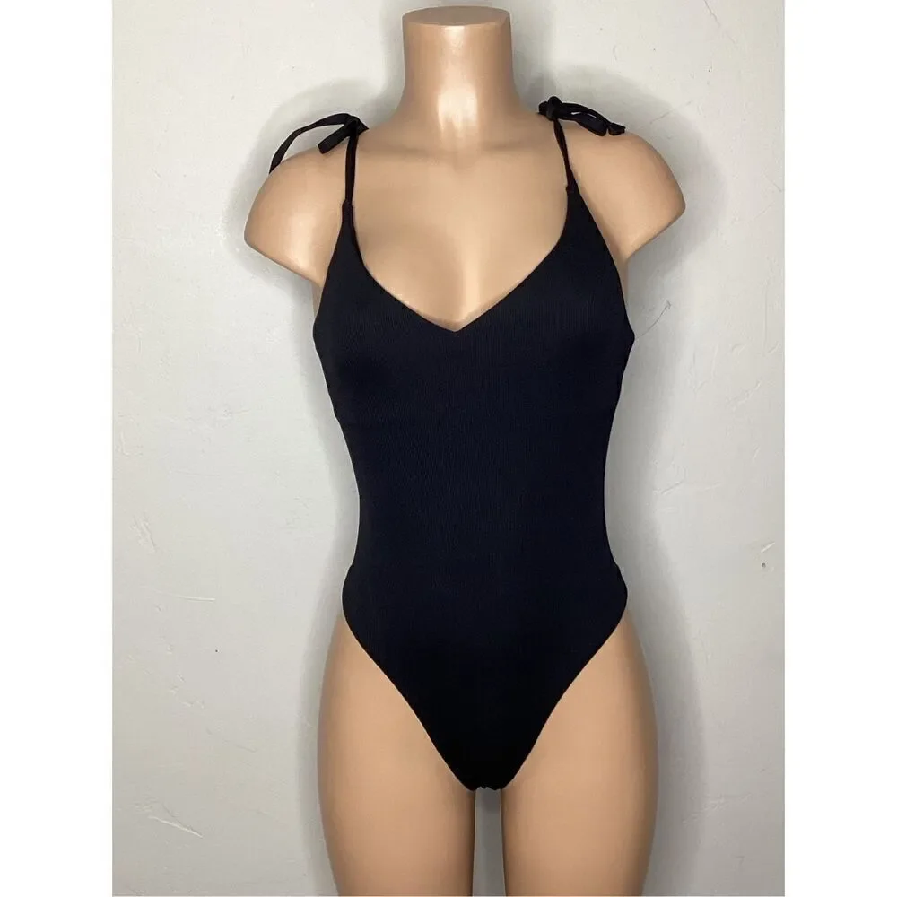 New. AQUA black ribbed v-neck. Medium . Retails $98